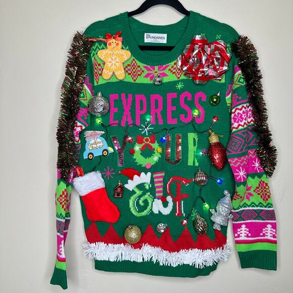 Ugly Christmas Sweater Elf LIGHTS UP Tacky Tinsel Xmas Party Winner Size Medium - Picture 1 of 5